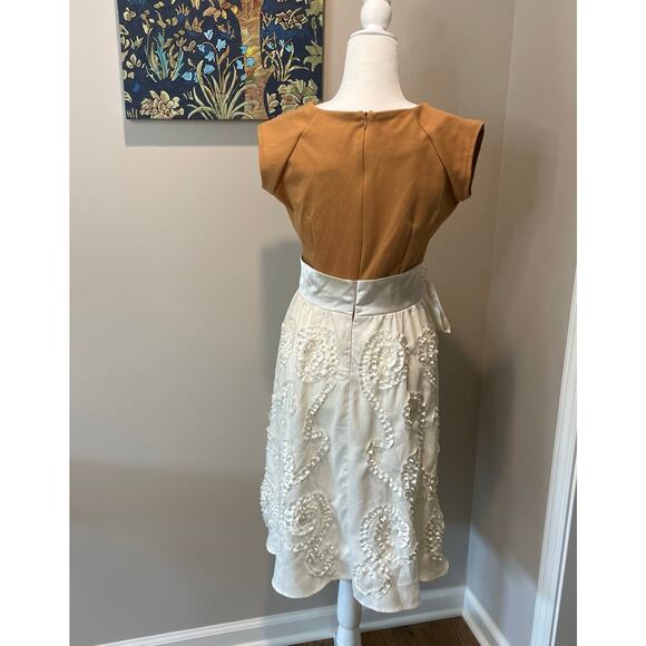 Shabby Apple A-Line Dress Satin Waist Bow Ribbon Detail Sz S Tan Cream Whimsical - Picture 3 of 10